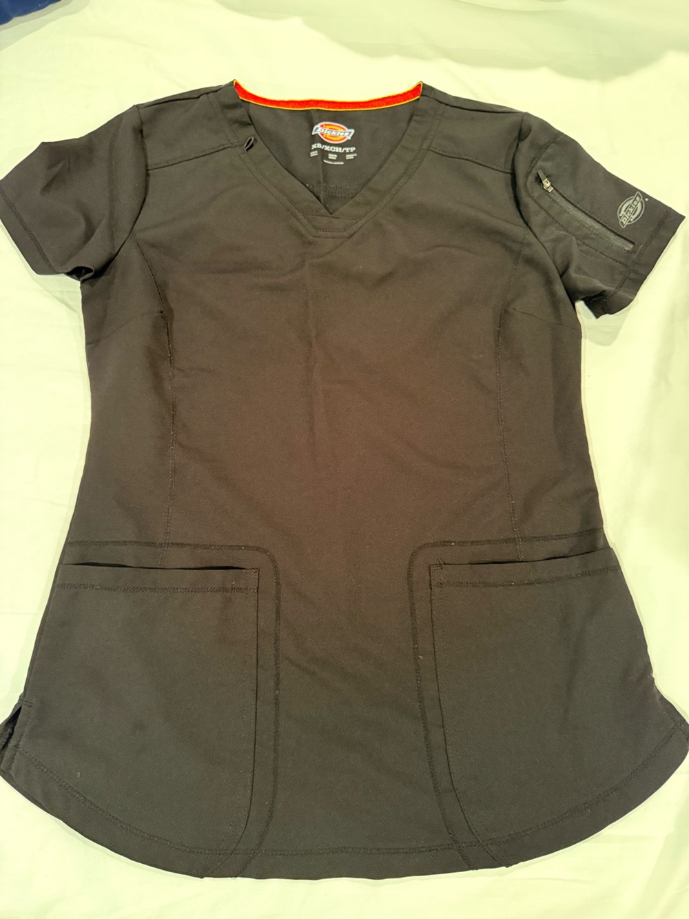 Dickies Women's Black V-Neck Scrub Top with Orange Trim